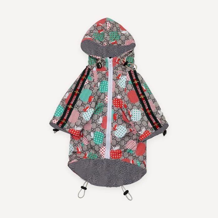Apple Print Monogram Hooded dog jacket inspired by Gucci view 3