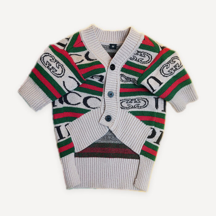 Gray Web Stripe dog cardigan inspired by Gucci