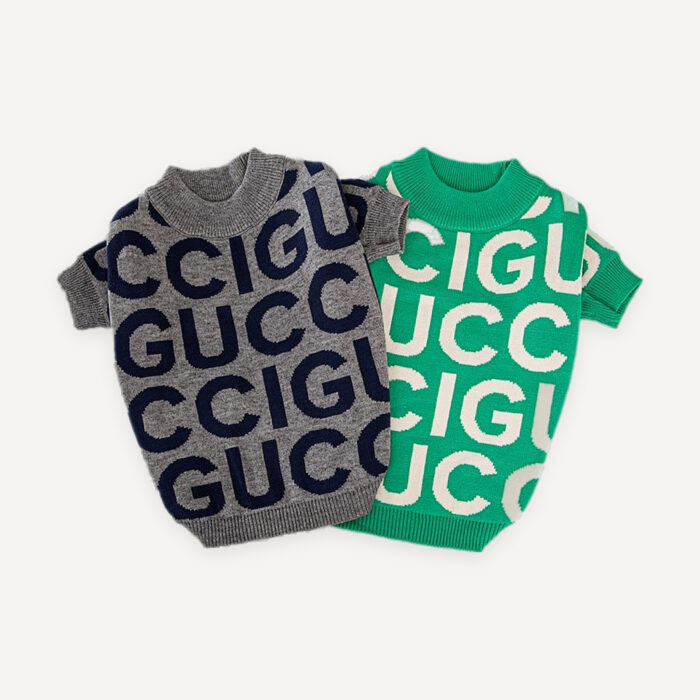 Block Letter Knit dog sweater inspired by Gucci
