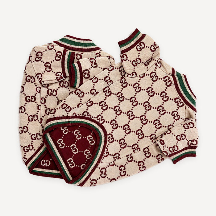 Burgundy Monogram Knit dog sweater inspired by Gucci view 2