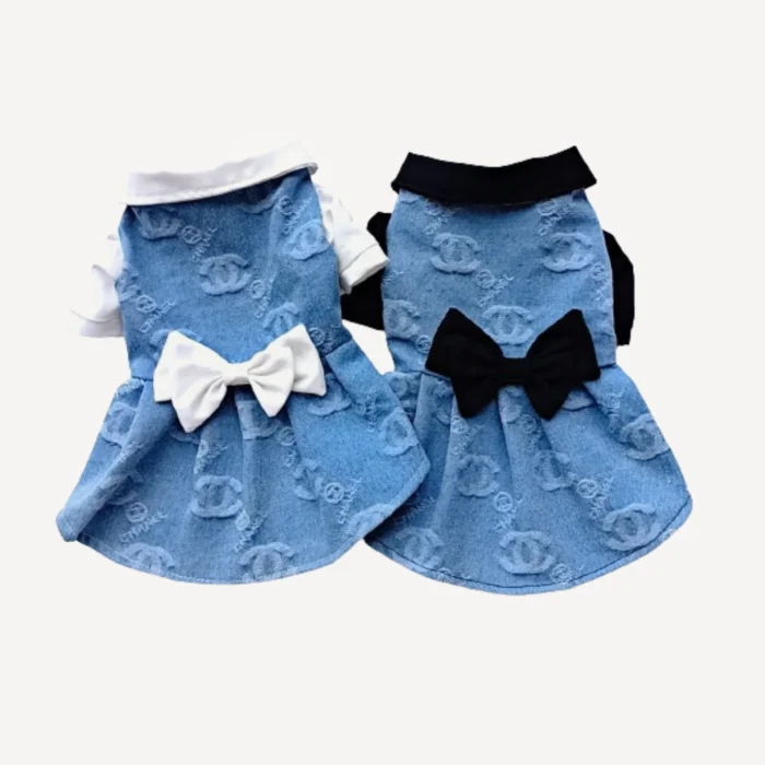Blue denim dog dress Chanel inspired with CC monogram and white bow tie