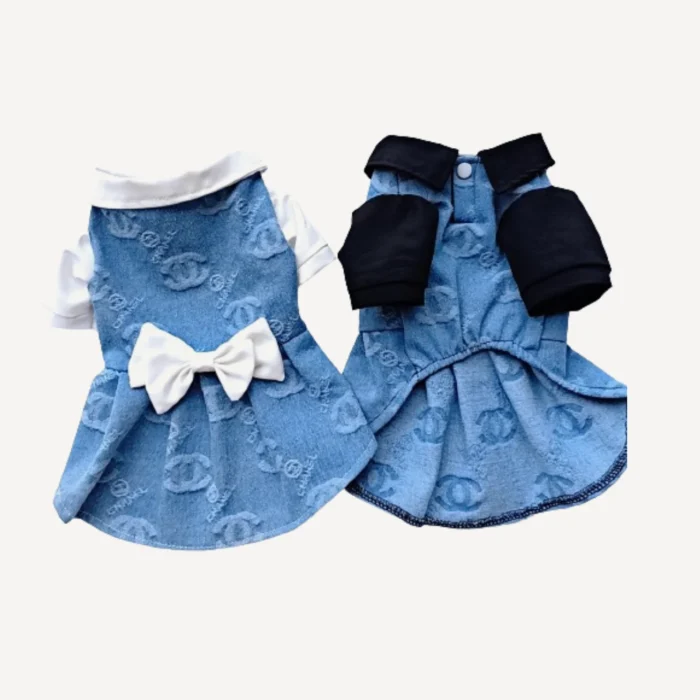 Blue monogram dog dress with black collar and bow tie Chanel style formal wear