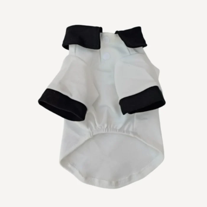 White dog polo shirt with black collar trim and contrast sleeves Chewnel style