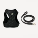 Black quilted Chanel inspired dog vest harness with matching leash, Chewnel Harness & Leash Set