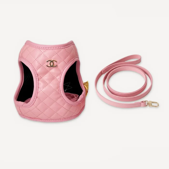 Pink quilted Chanel inspired dog vest harness with matching leash, Chewnel Harness & Leash Set