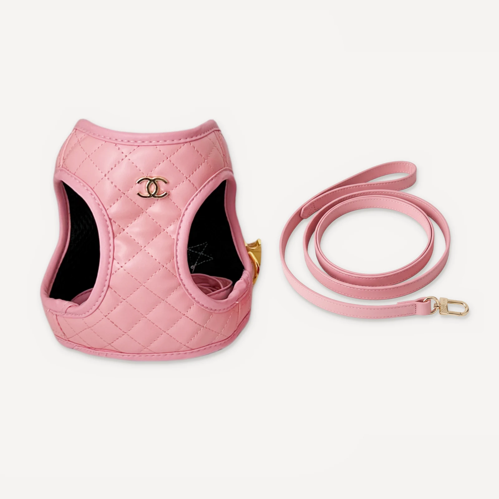 Pink quilted Chanel inspired dog vest harness with matching leash, Chewnel Harness & Leash Set