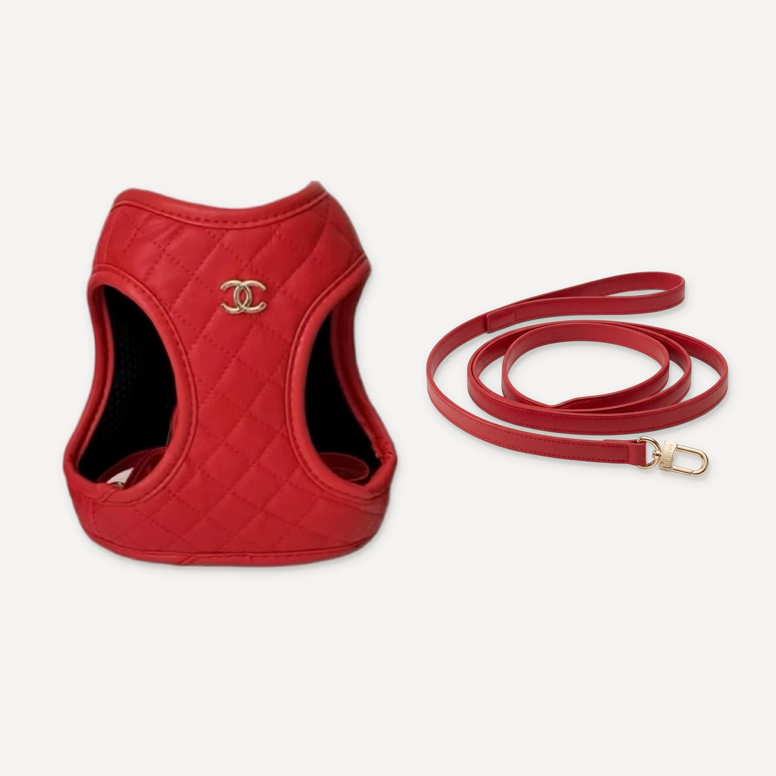 Red quilted Chanel inspired dog vest harness with matching leash, Chewnel Harness & Leash Set