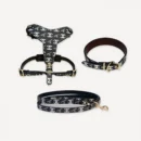 Black Chanel inspired leather dog harness, collar and leash set, Chewnel Logo Leather Walking Set