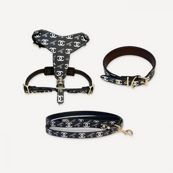 Black Chanel inspired leather dog harness, collar and leash set, Chewnel Logo Leather Walking Set