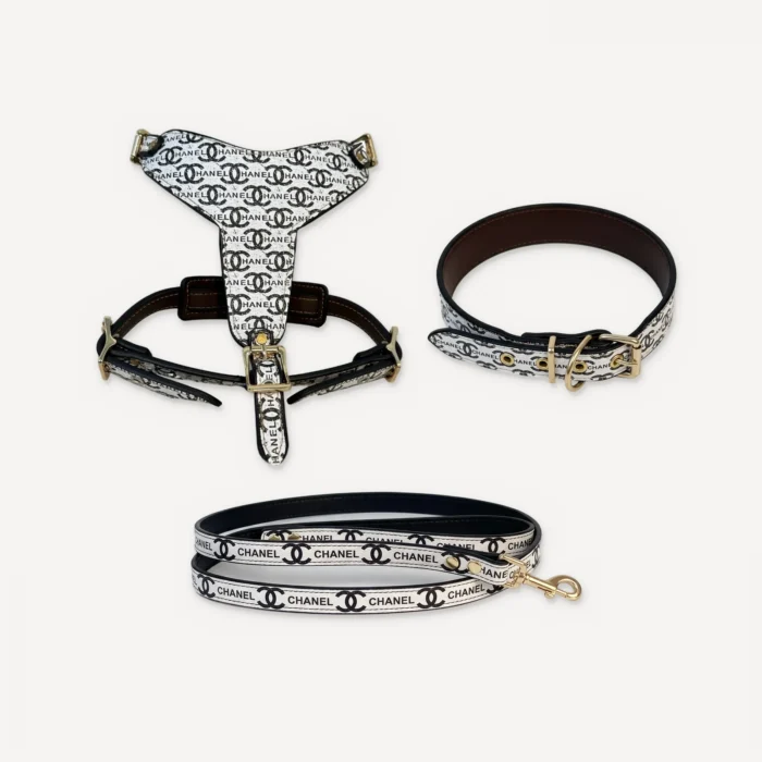 White Chanel inspired leather dog harness, collar and leash set, Chewnel Logo Leather Walking Set