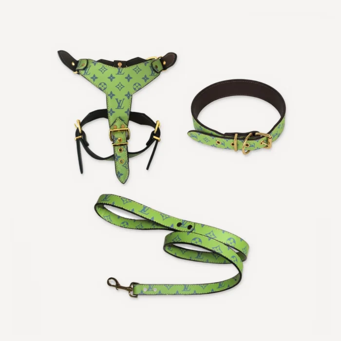 Green Louis Vuitton inspired leather dog harness, collar and leash set, Chewy V Atelier Leather Walking Set