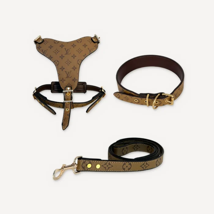 Khaki Louis Vuitton inspired leather dog harness, collar and leash set, Chewy V Atelier Leather Walking Set