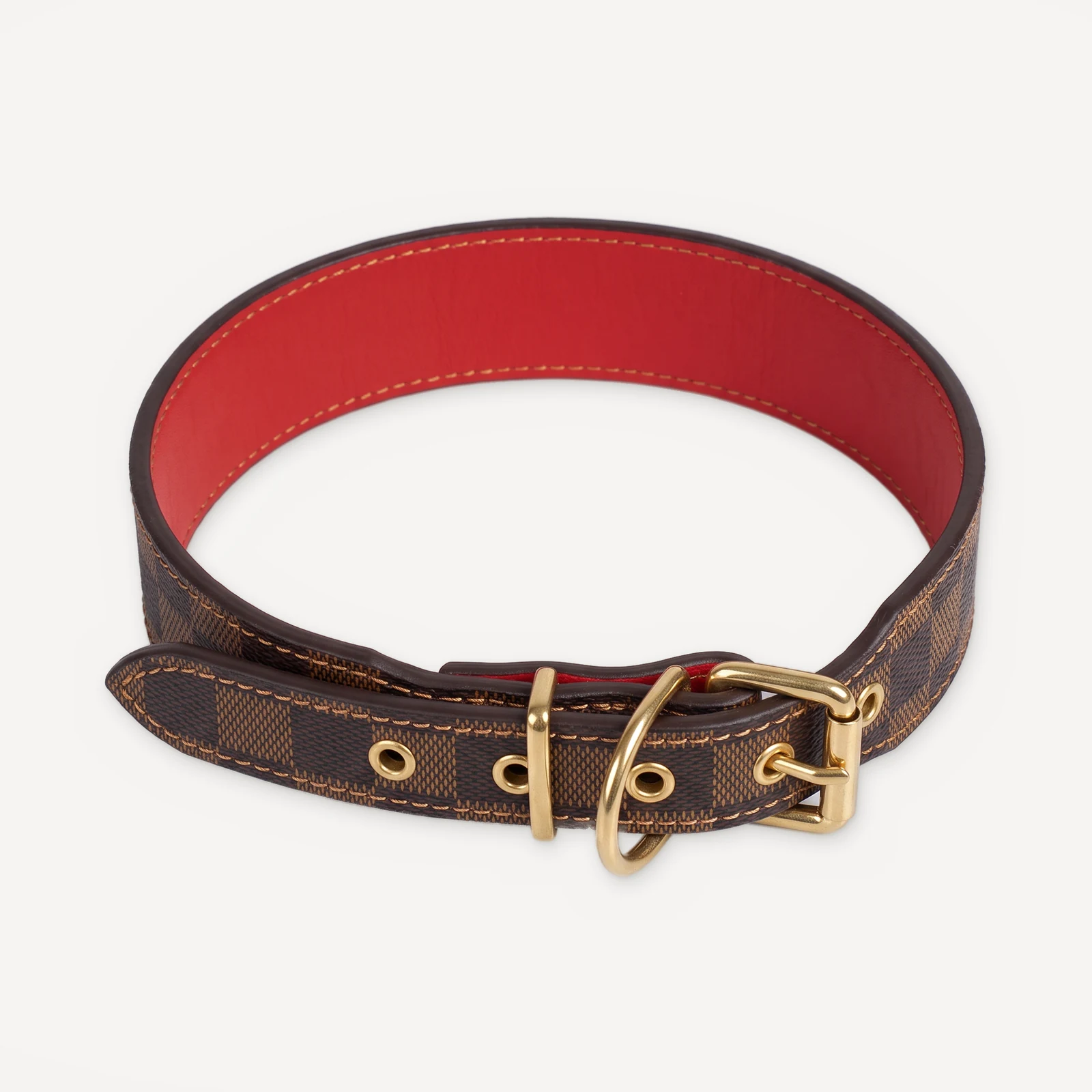 Brown Louis Vuitton Damier inspired leather dog collar, Chewy V Check Leather Walking Set
