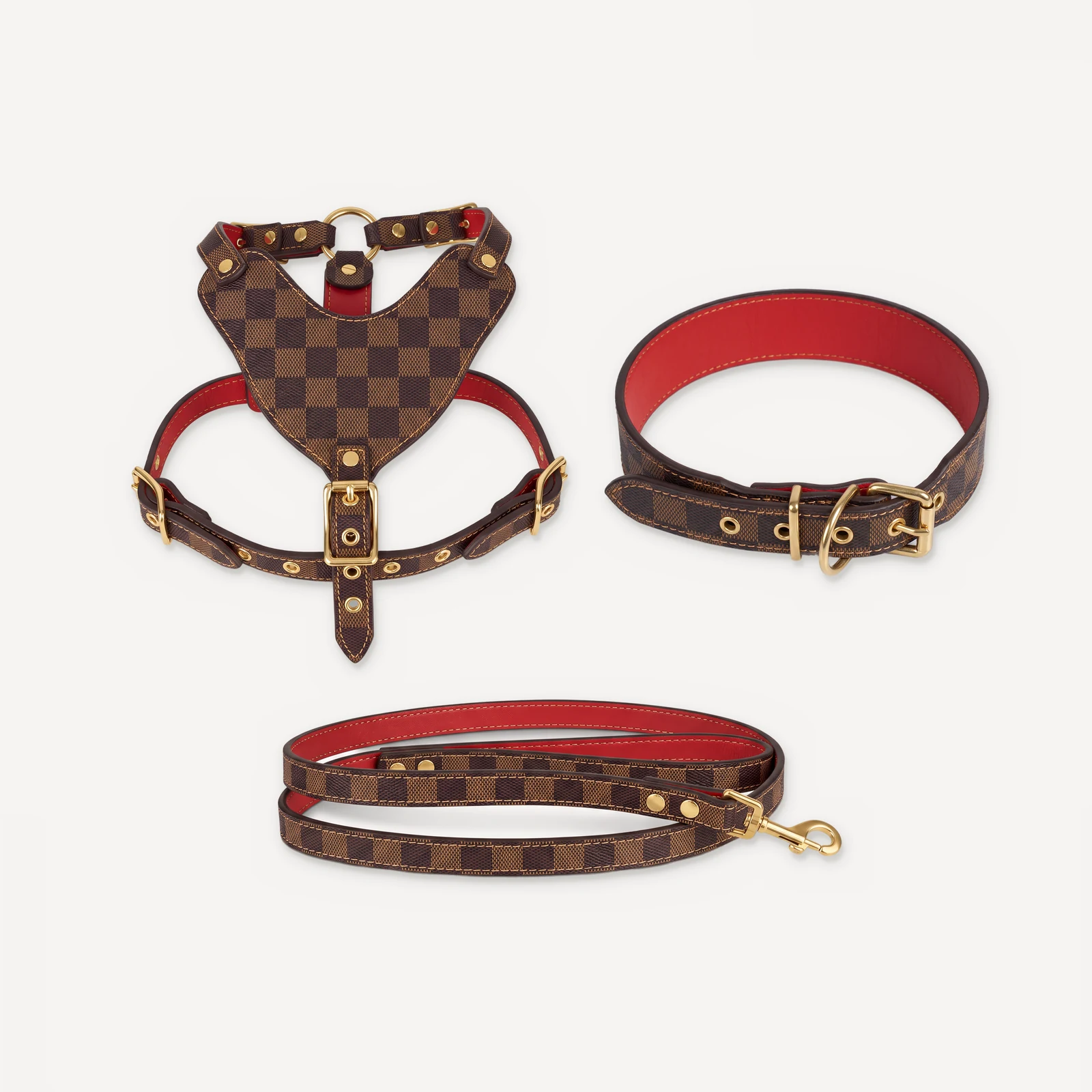 Brown Louis Vuitton Damier inspired leather dog harness, collar and leash set, Chewy V Check Leather Walking Set