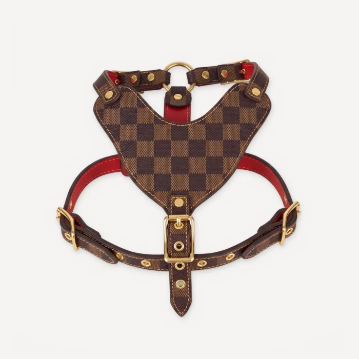 Brown Louis Vuitton Damier inspired leather dog harness, Chewy V Check Leather Walking Set