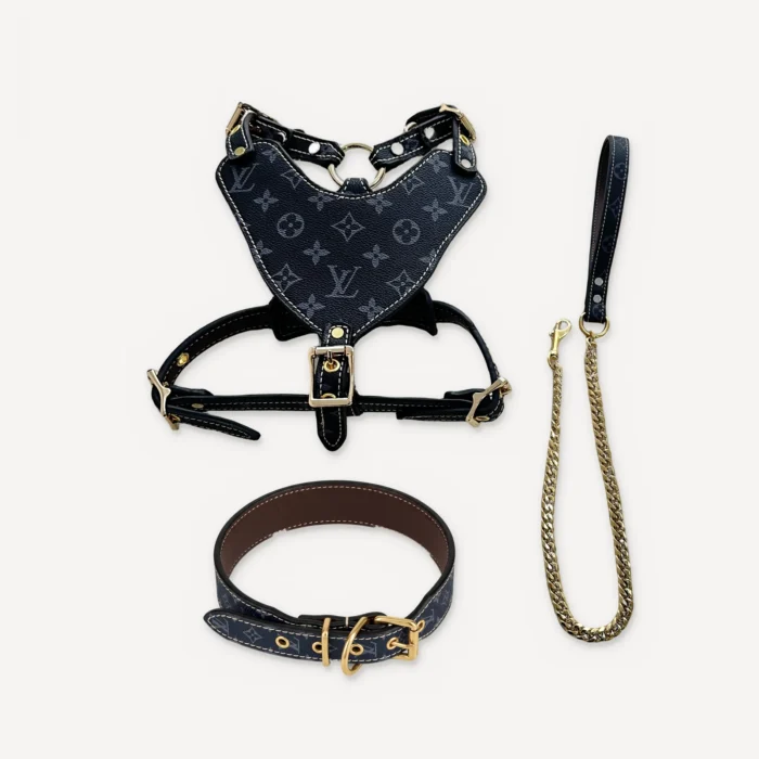Blue Louis Vuitton inspired leather dog harness, collar and leash set, Chewy V Gold Chain Leather Walking Set
