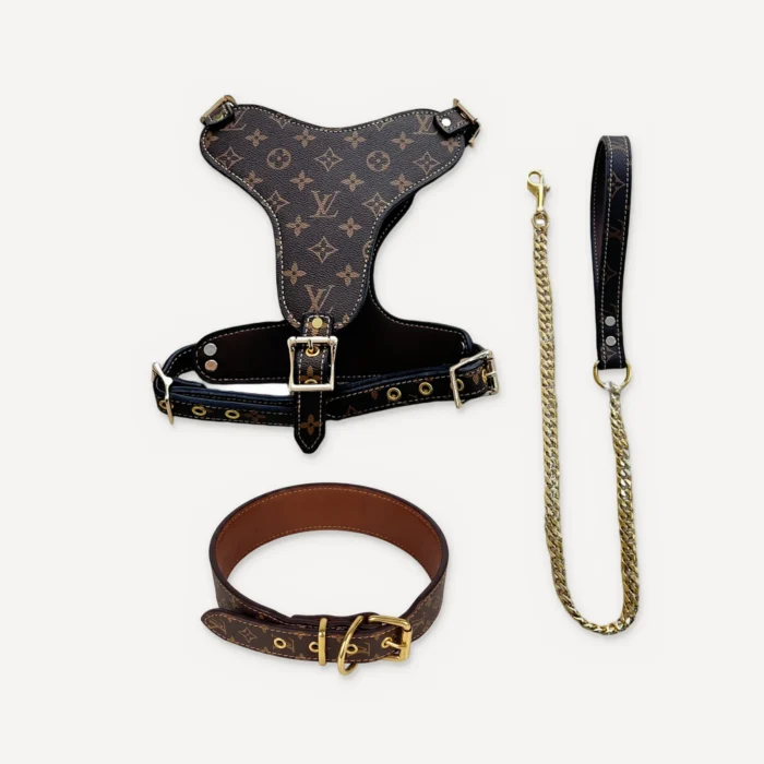 Coffee Louis Vuitton inspired leather dog harness, collar and leash set, Chewy V Gold Chain Leather Walking Set