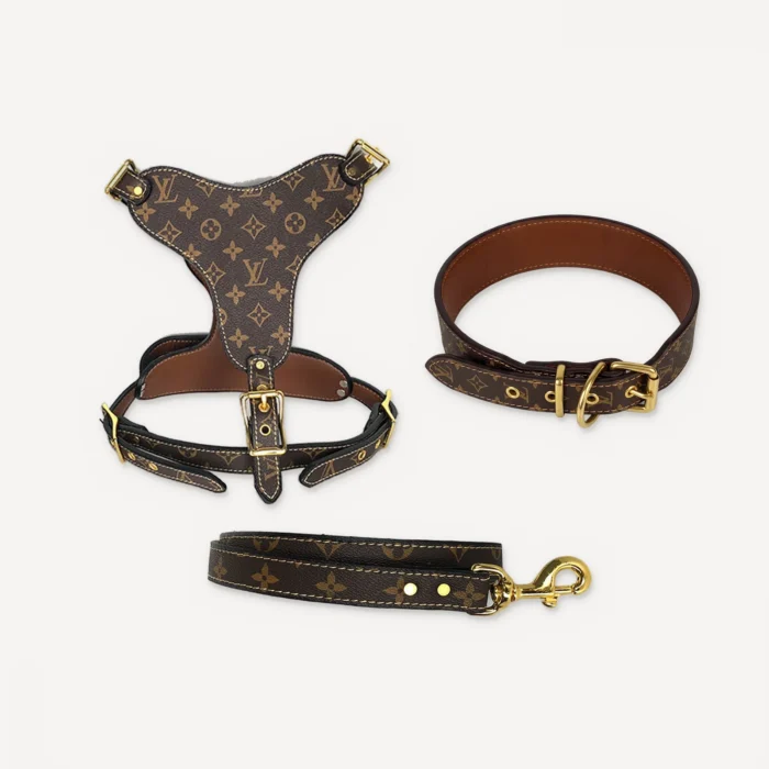 Brown Louis Vuitton inspired leather dog harness, collar and leash set, Chewy V Leather Walking Set