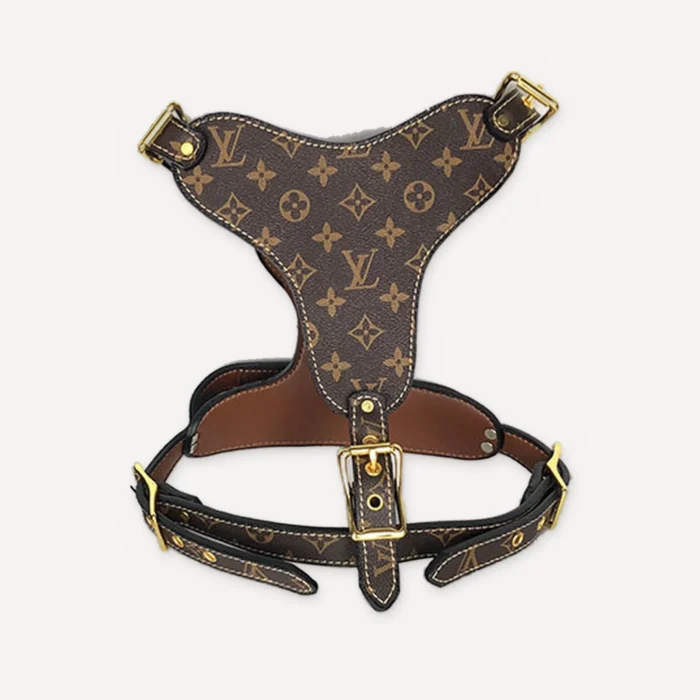 Brown Louis Vuitton inspired leather dog harness, Chewy V Leather Walking Set