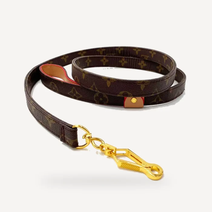 Brown monogram leather dog leash with gold clip