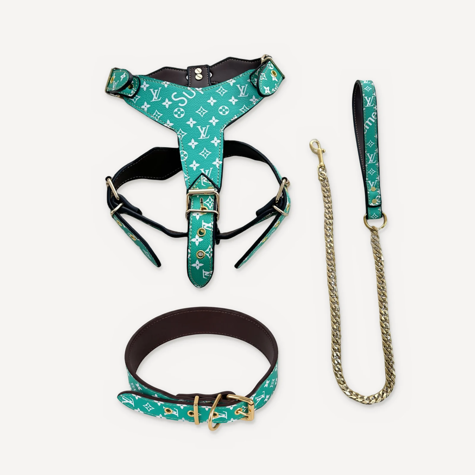 Green Supreme x Louis Vuitton inspired leather dog harness, collar and leash set, Chewy V × Pupreme Gold Chain Leather Walkin