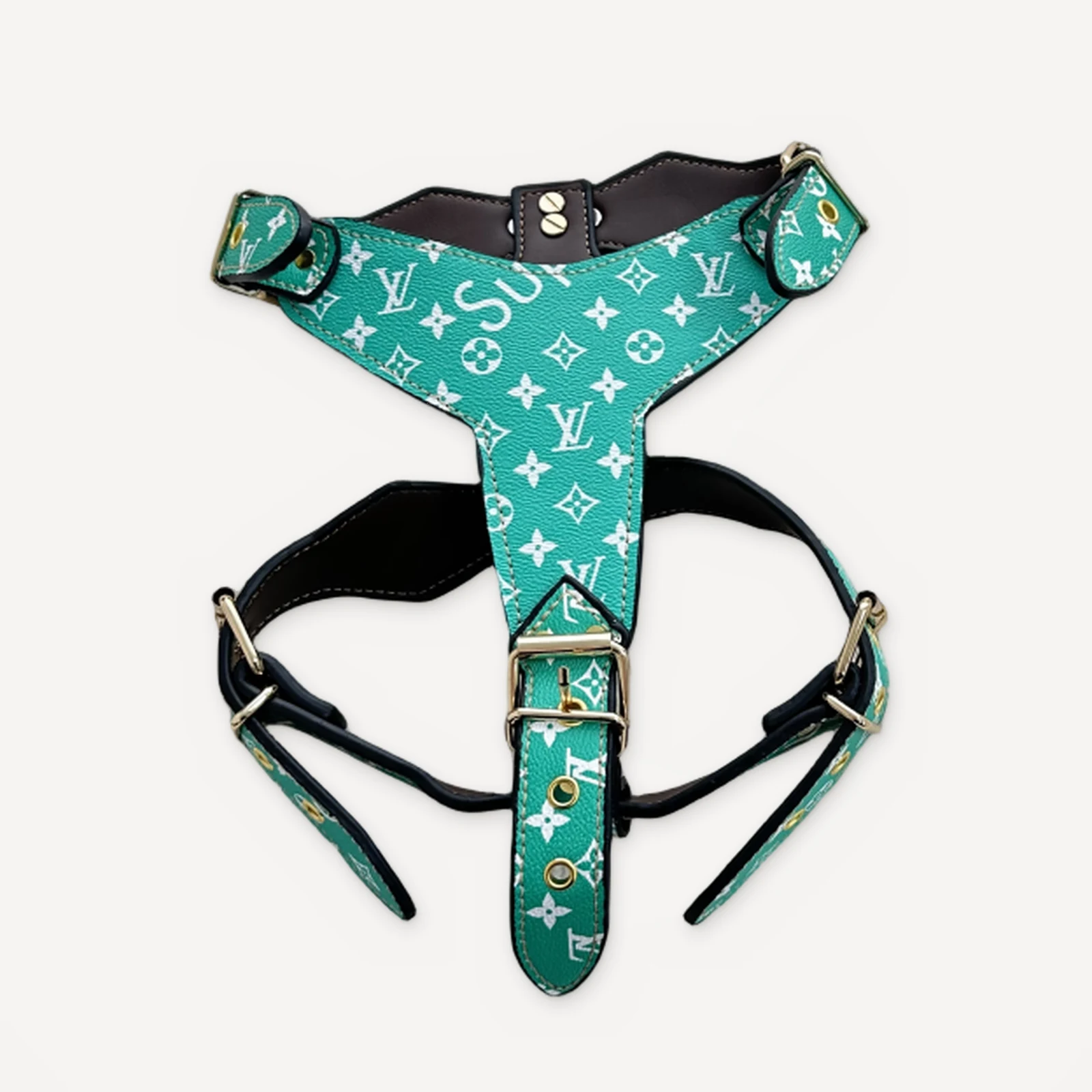Green Supreme x Louis Vuitton inspired leather dog harness, Chewy V × Pupreme Gold Chain Leather Walking Set