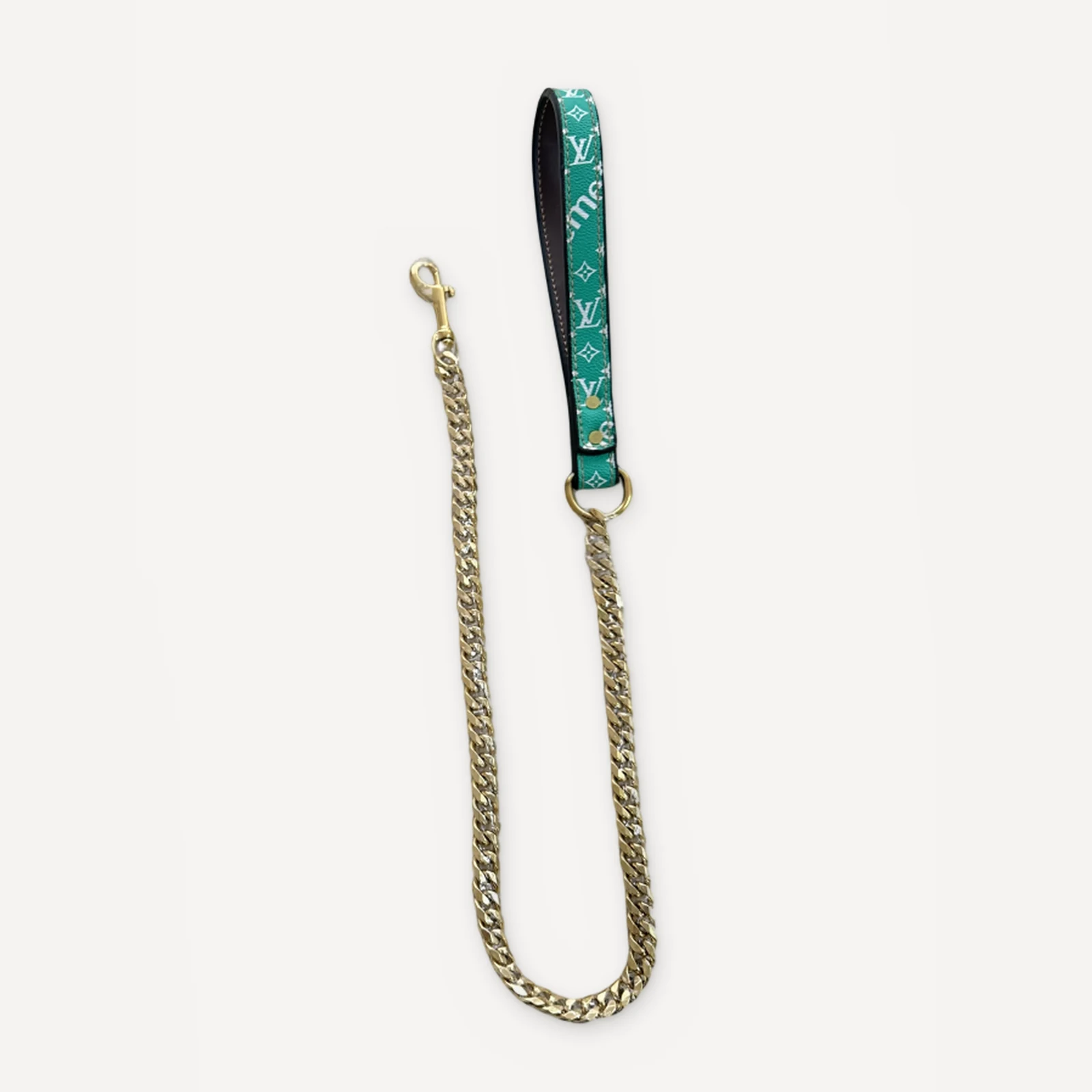 Green Supreme x Louis Vuitton inspired leather dog leash, Chewy V × Pupreme Gold Chain Leather Walking Set