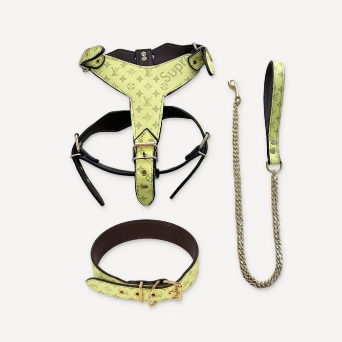 Yellow Supreme x Louis Vuitton inspired leather dog harness, collar and leash set, Chewy V × Pupreme Gold Chain Leather Walki