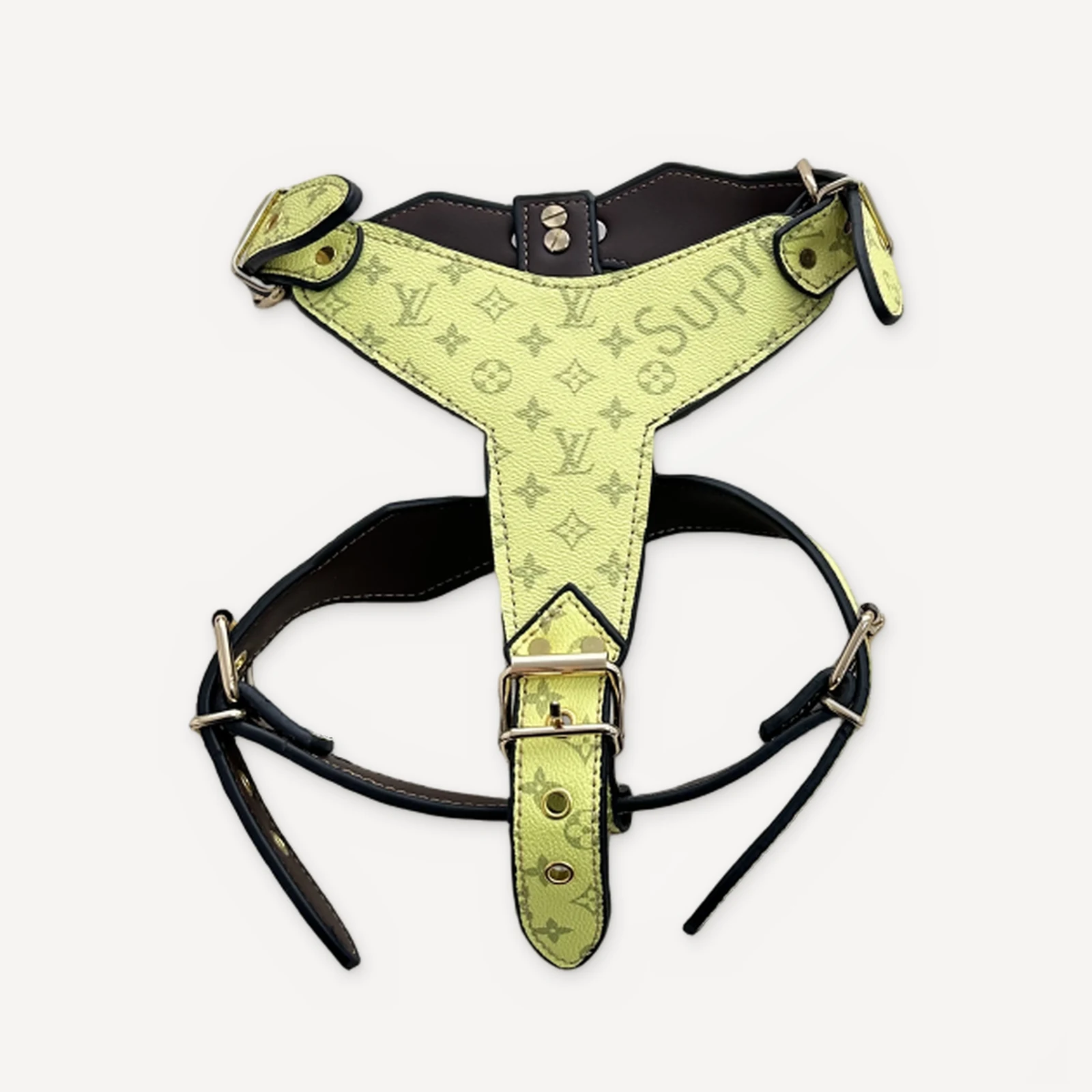 Yellow Supreme x Louis Vuitton inspired leather dog harness, Chewy V × Pupreme Gold Chain Leather Walking Set