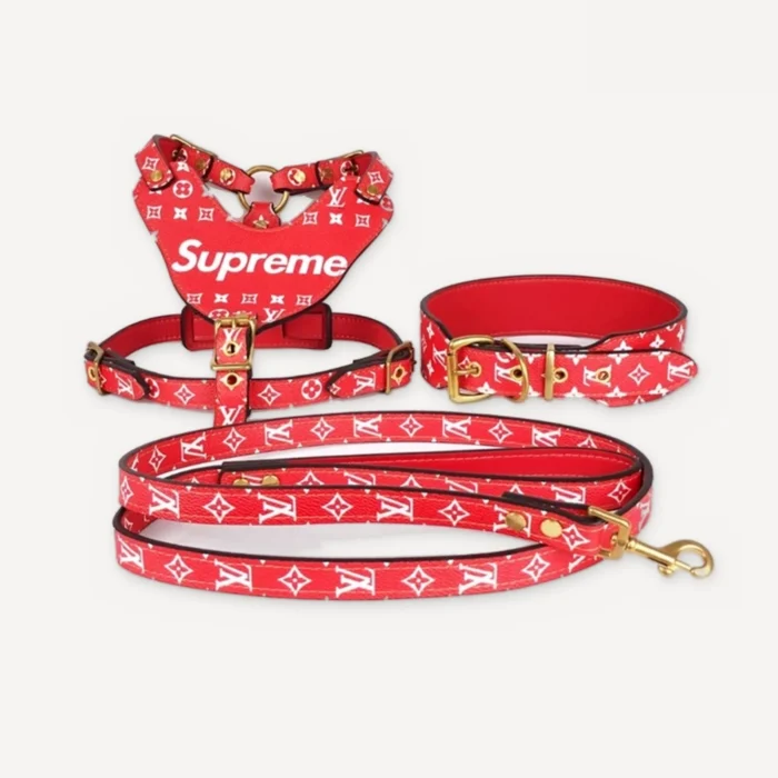 Red Supreme x Louis Vuitton inspired leather dog harness, collar and leash set, Chewy V × Pupreme Leather Walking Set