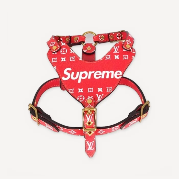 Red Supreme x Louis Vuitton inspired leather dog harness, Chewy V × Pupreme Leather Walking Set