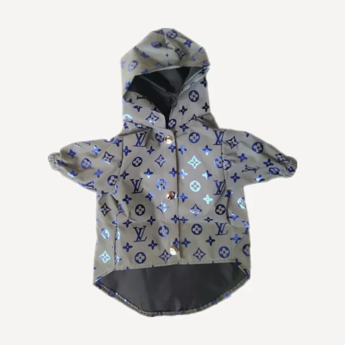 Blue reflective dog windbreaker inspired by Louis Vuitton