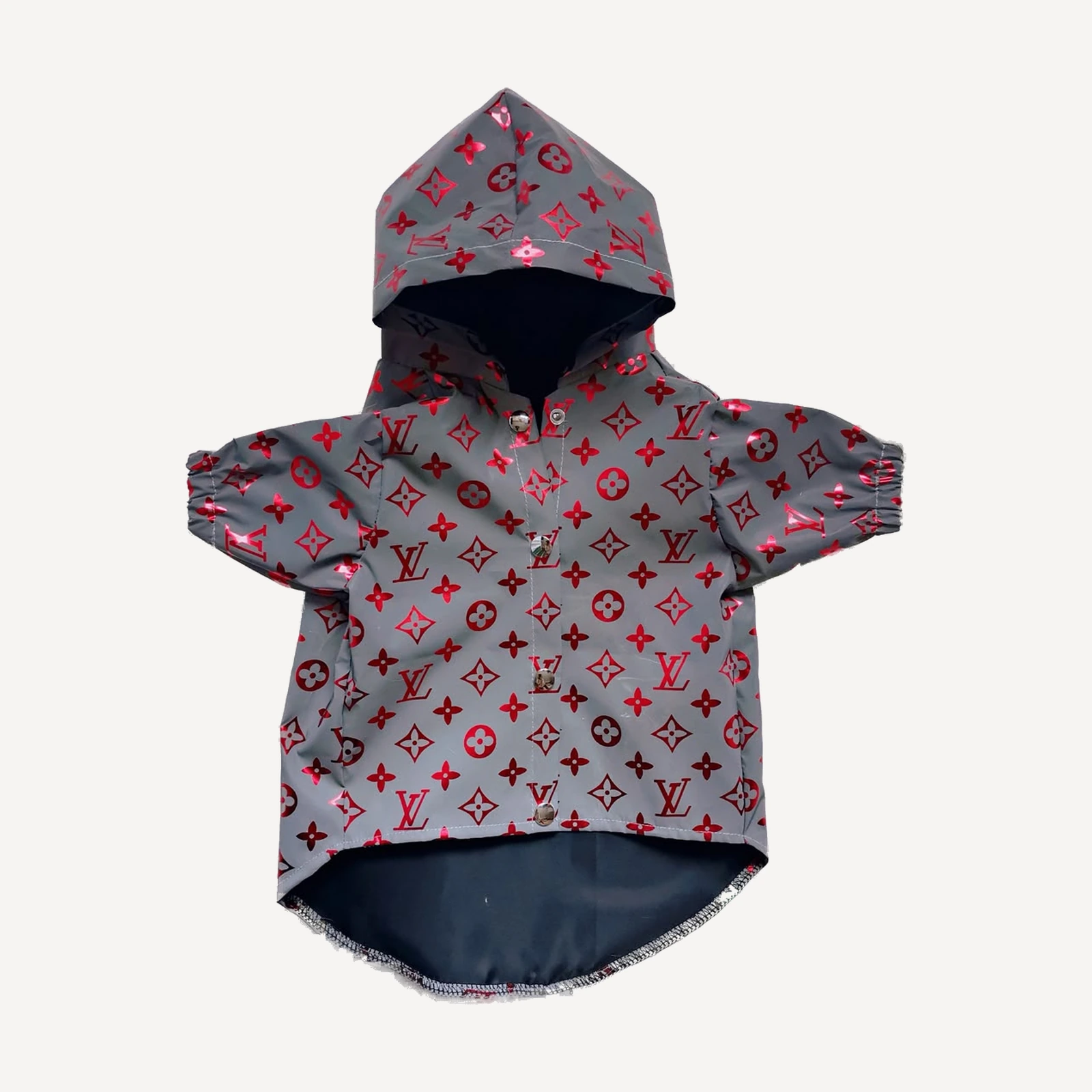Red reflective dog windbreaker inspired by Louis Vuitton