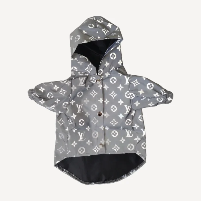 Silver reflective dog windbreaker inspired by Louis Vuitton