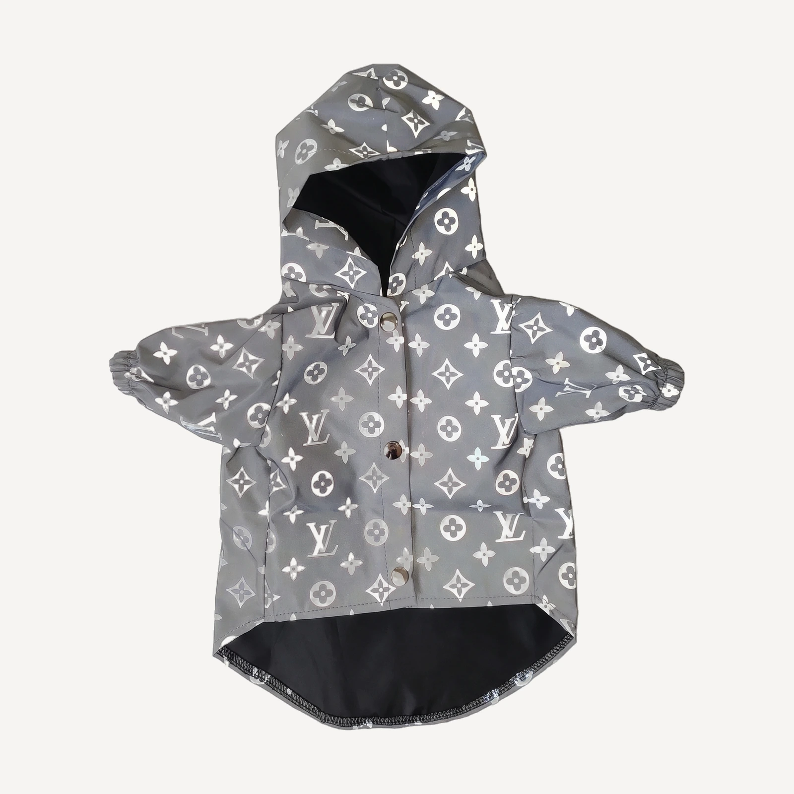 Silver reflective dog windbreaker inspired by Louis Vuitton