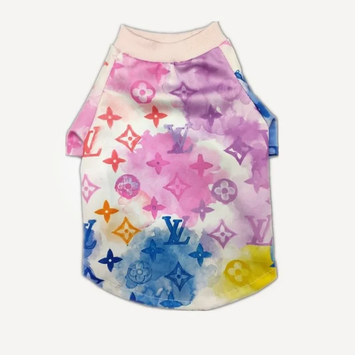 Multicolor watercolor monogram dog tee Louis Vuitton inspired with V logos and quatrefoil print