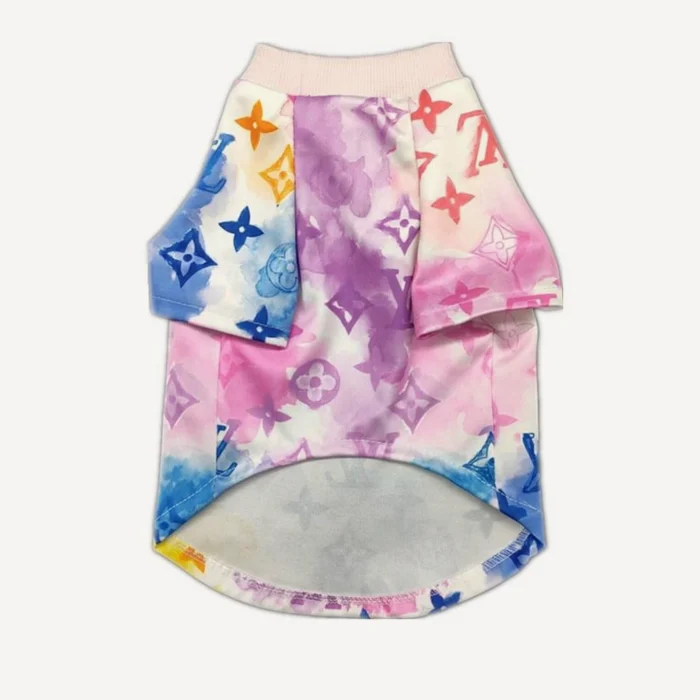 Back view watercolor monogram dog tee showing tie-dye effect with V logo pattern