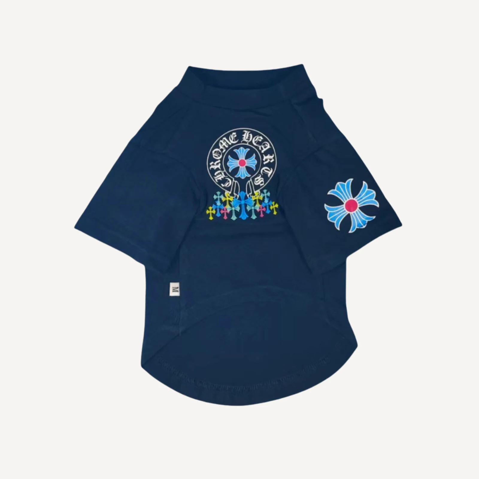Navy Chrome Barks dog tee with circular Chrome Hearts inspired logo and rainbow cross graphics