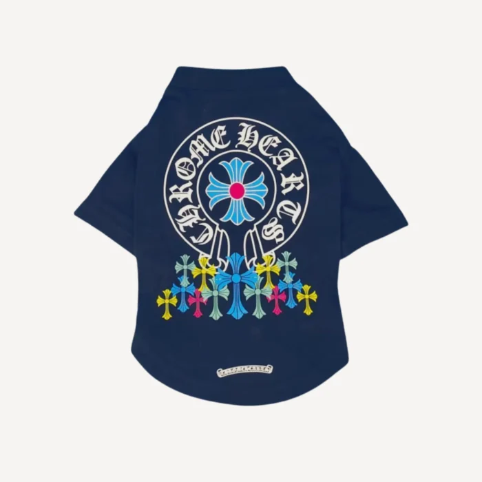 Chrome Hearts inspired dog tee back view showing circular logo and cascading colorful cross details