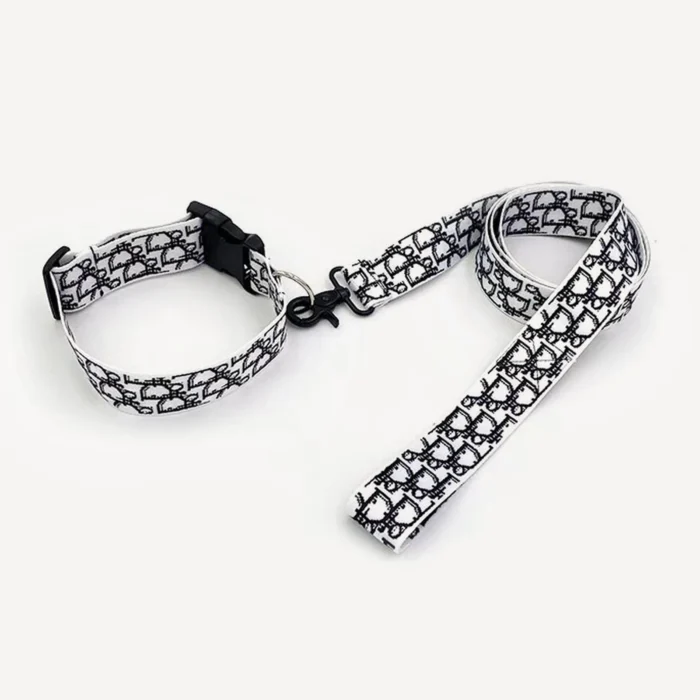 White oblique monogram dog collar and leash set