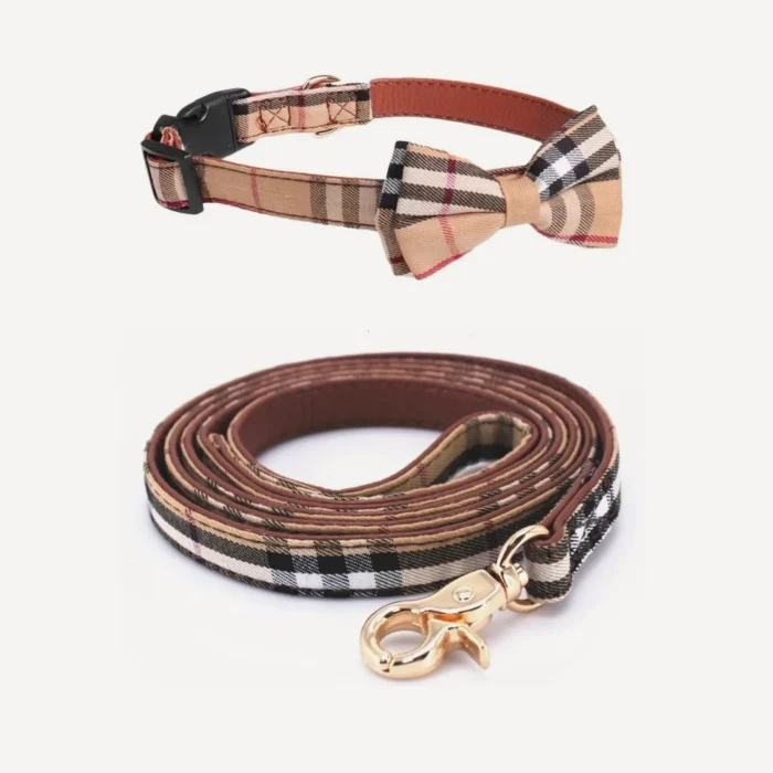 Beige check bow tie dog collar and leash