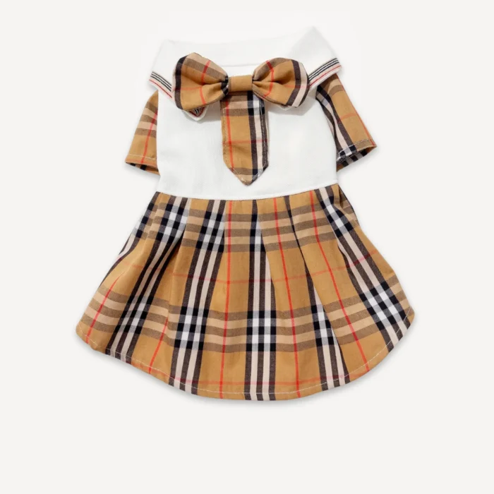 Tan check plaid dog dress with white polo body and matching bow tie inspired by Burberry