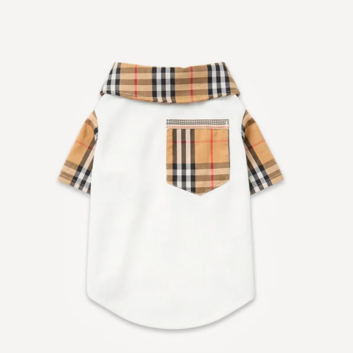 White dog polo shirt with tan check sleeves and back pocket Burberry style heritage plaid