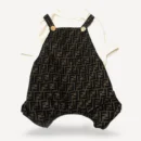 Brown FF monogram dog jumpsuit with white tee layered underneath Fendi style