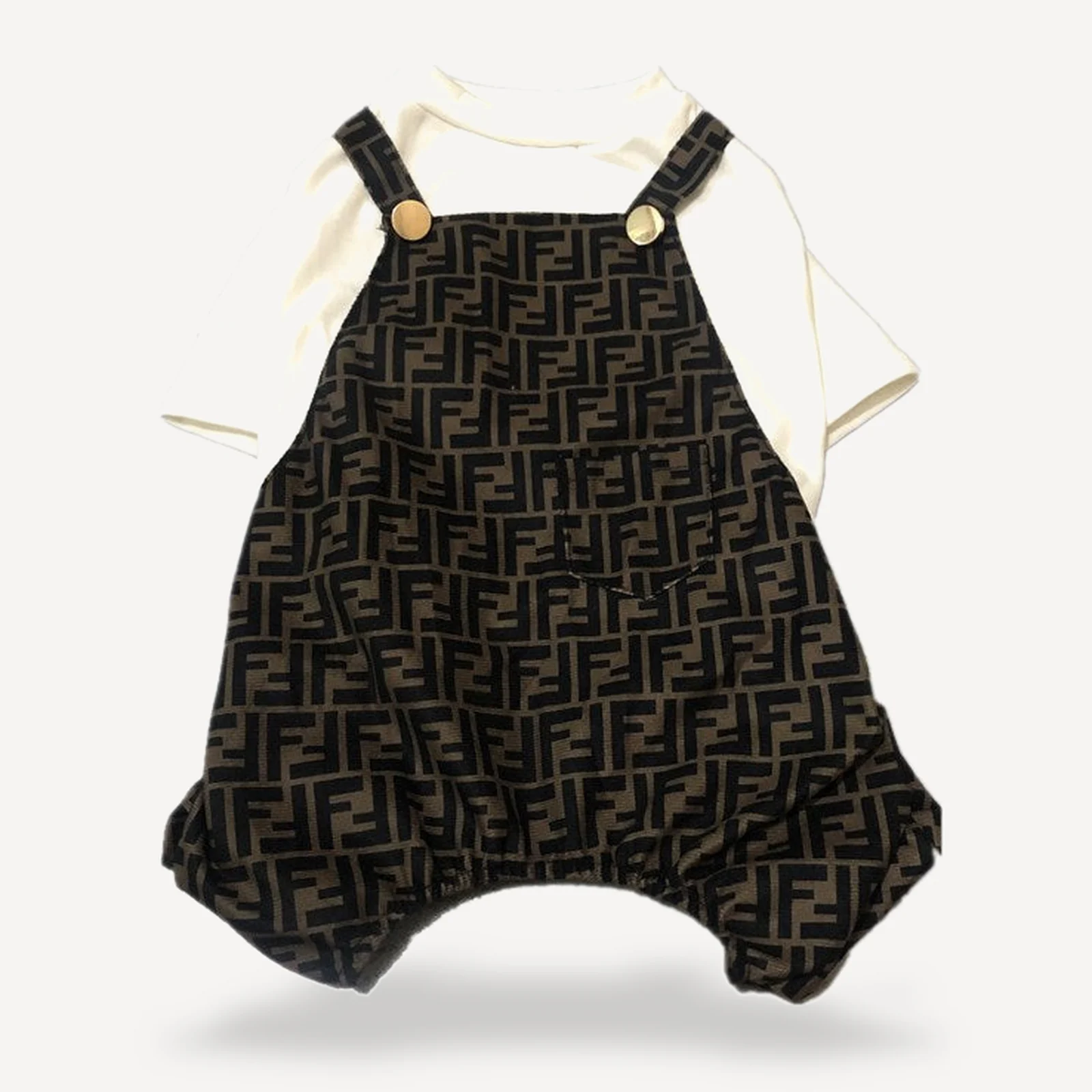 Brown FF monogram dog jumpsuit with white tee layered underneath Fendi style