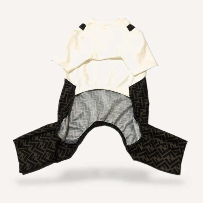 Back view of brown monogram dog jumpsuit showing four-leg coverage and adjustable straps