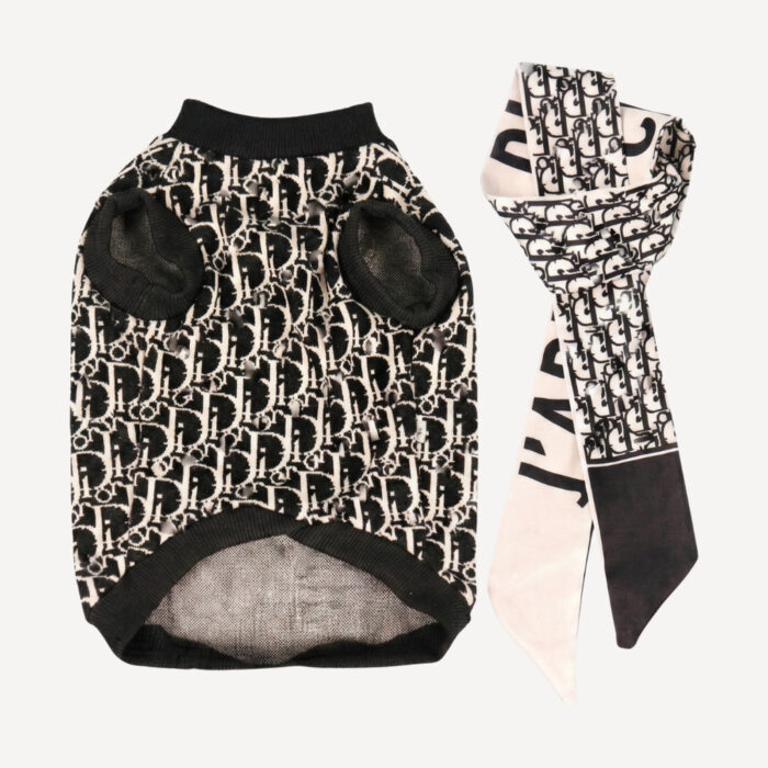 Black monogram dog sweater and scarf set inspired by Dior, designer-style dog clothing