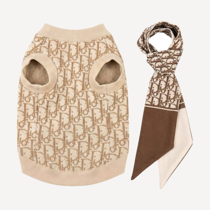 Cream monogram dog sweater and scarf set inspired by Dior, designer-style dog clothing
