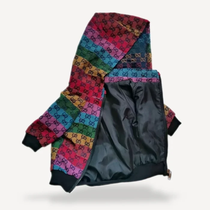 Rainbow Monogram dog puffer inspired by Gucci view 4