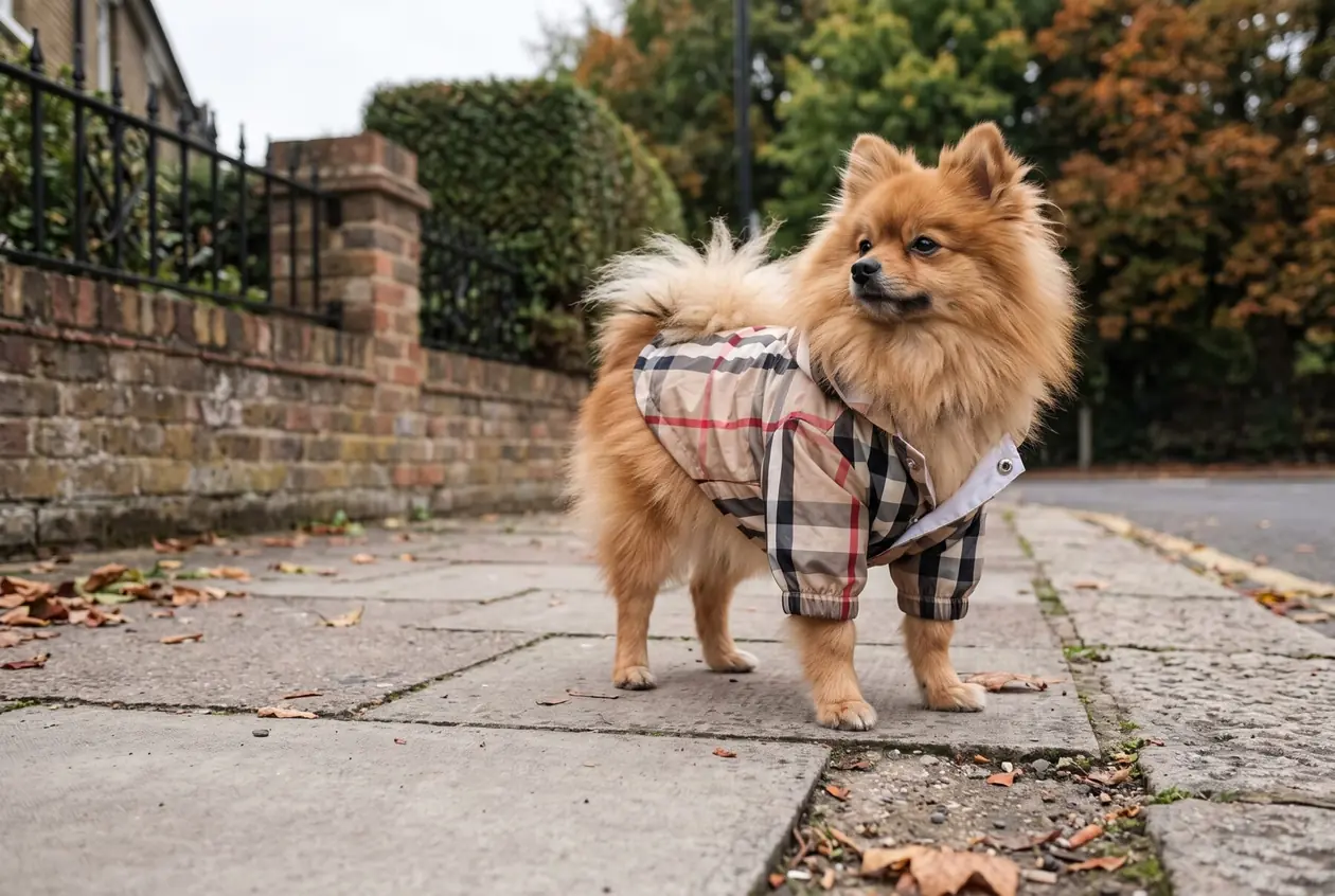 Pomeranian in a beige Furberry check dog windbreaker on a residential pavement scattered with autumn leaves